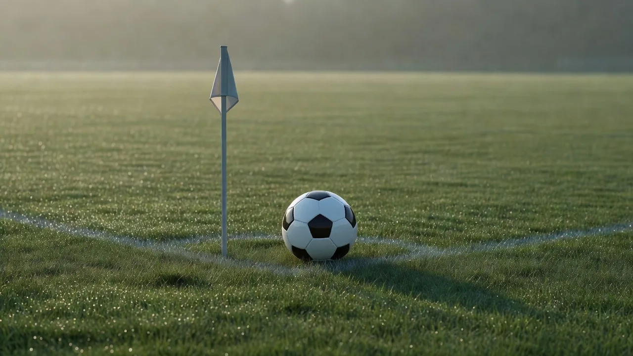 Sabah çiyi altında köşe bayrağının yanında duran yuvarlak futbol topu