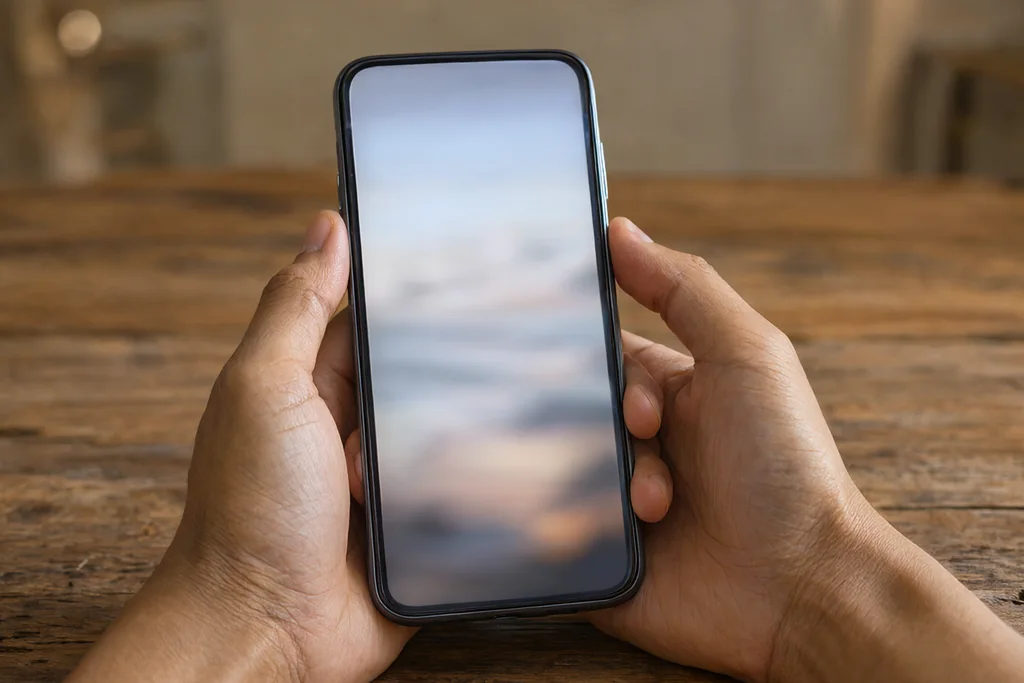 Elde tutulan akıllı telefon ve bulanık ekran, giriş teması
